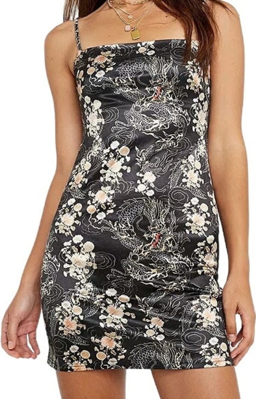 Urban Outfitters Dragon Floral Sateen Twill Mini Dress Square Bodycon Black S